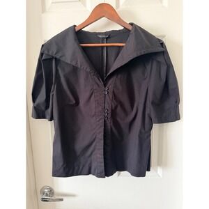 SDEER Black Short Sleeve Blouse Oversized Collar Puff Sleeve Button Front Top L